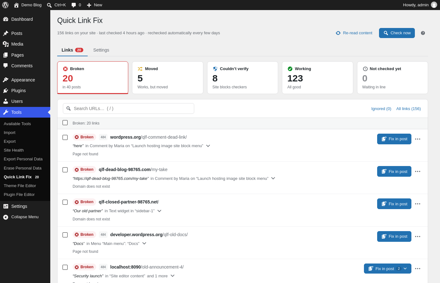 The Quick Link Fix screen in WordPress: 20 broken links listed with where each is used and a Fix in post button.