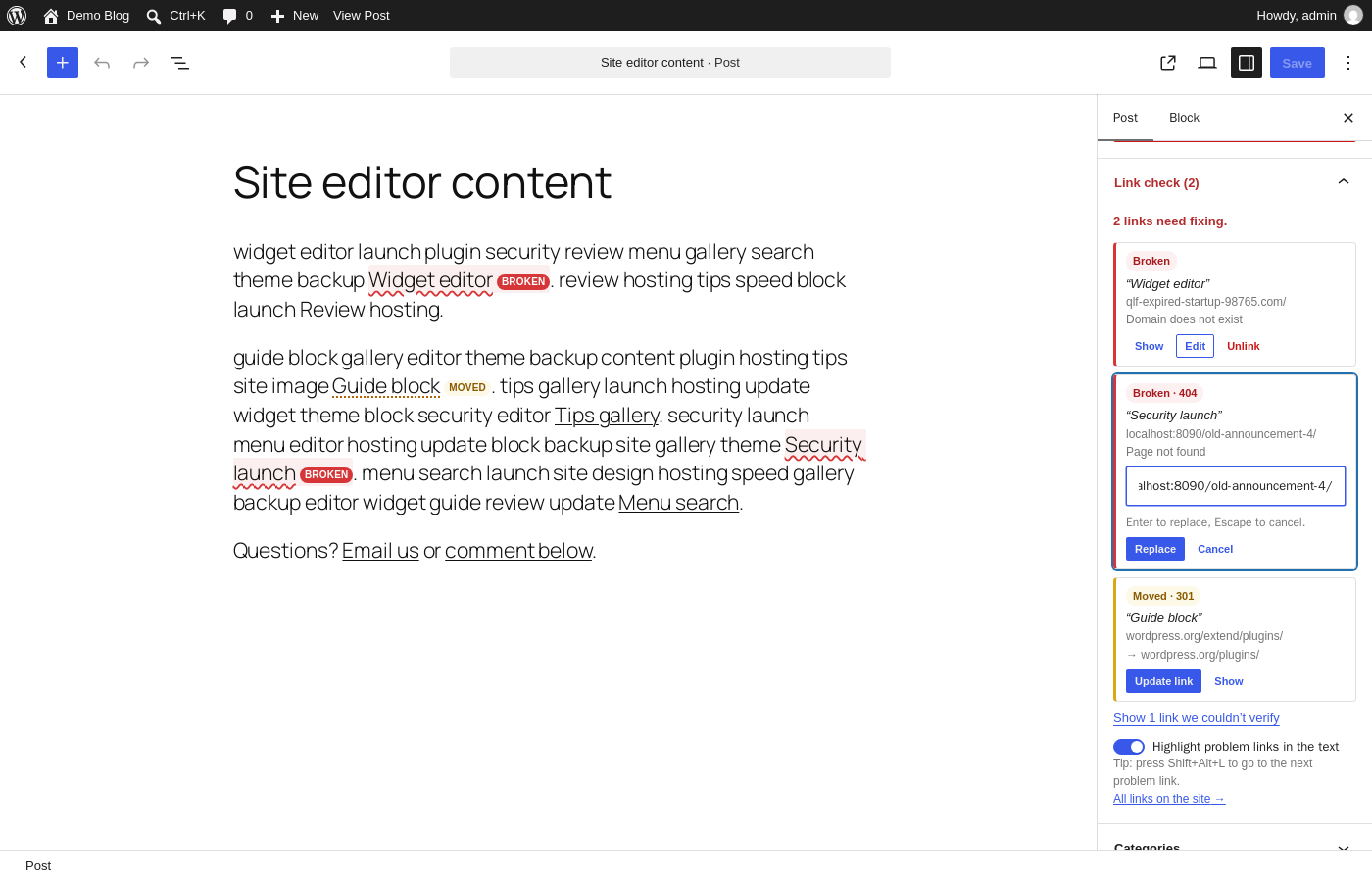 Broken links highlighted in the block editor, with the Link check panel open to fix one in place.